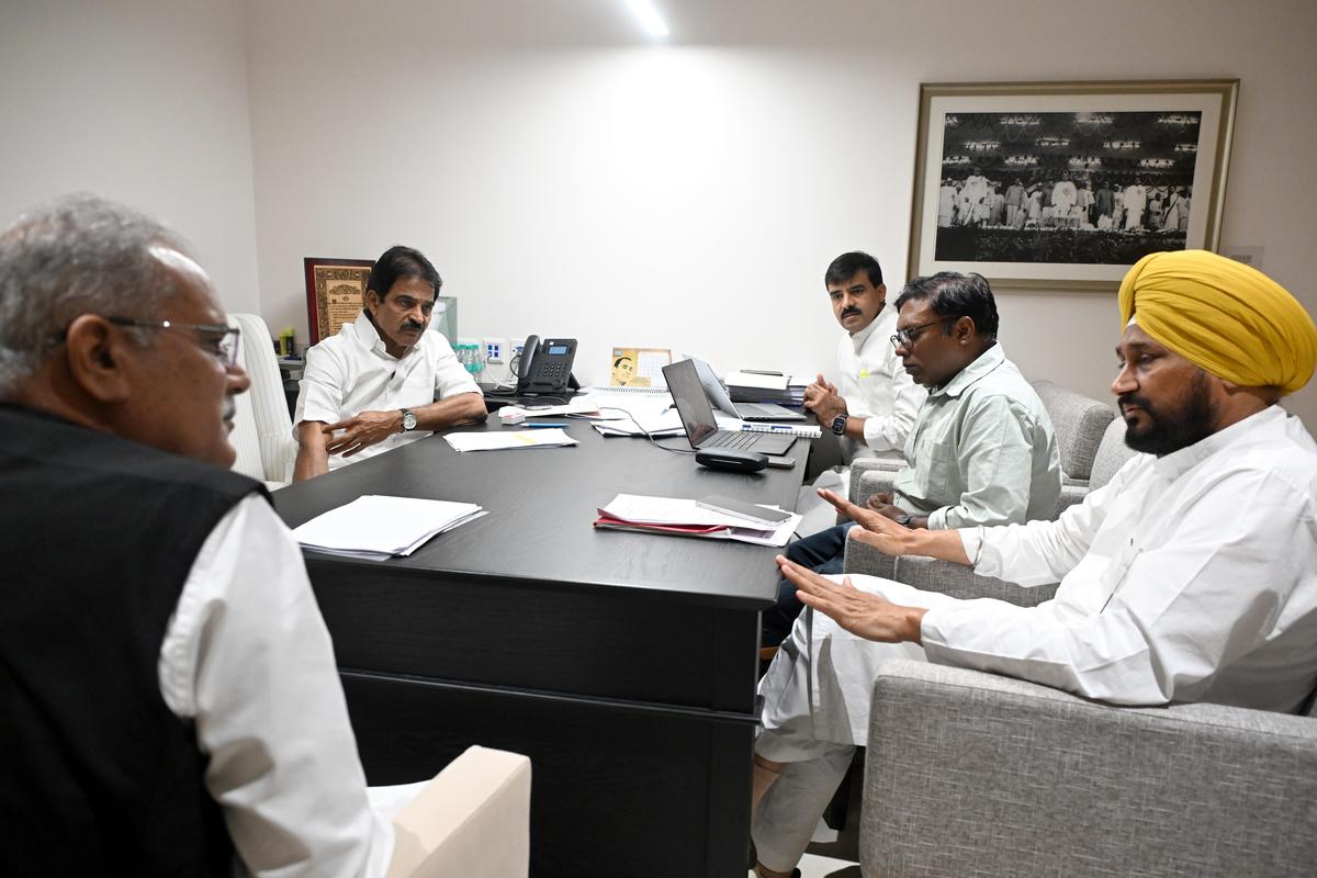 (From left) AICC general secretary Bhupesh Baghel, Congress general secretary (organisation) K.C. Venugopal, Punjab party chief Amrinder Singh Raja Warring, Congress MP from Tamil Nadu Sashikanth Senthil, and former Punjab Chief Minister Charanjit Singh Channi during a meeting at Indira Bhavan, the party headquarters in New Delhi that was inaugurated in January this year.